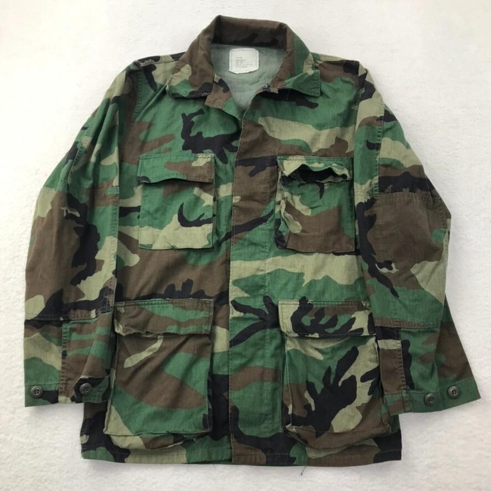 Vintage Military Woodland Camouflage Jacket Mens Small Long Combat Coat 82